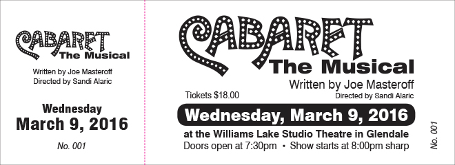 Williams Lake Studio Theatre: event logo design, auto-numbered ticket design