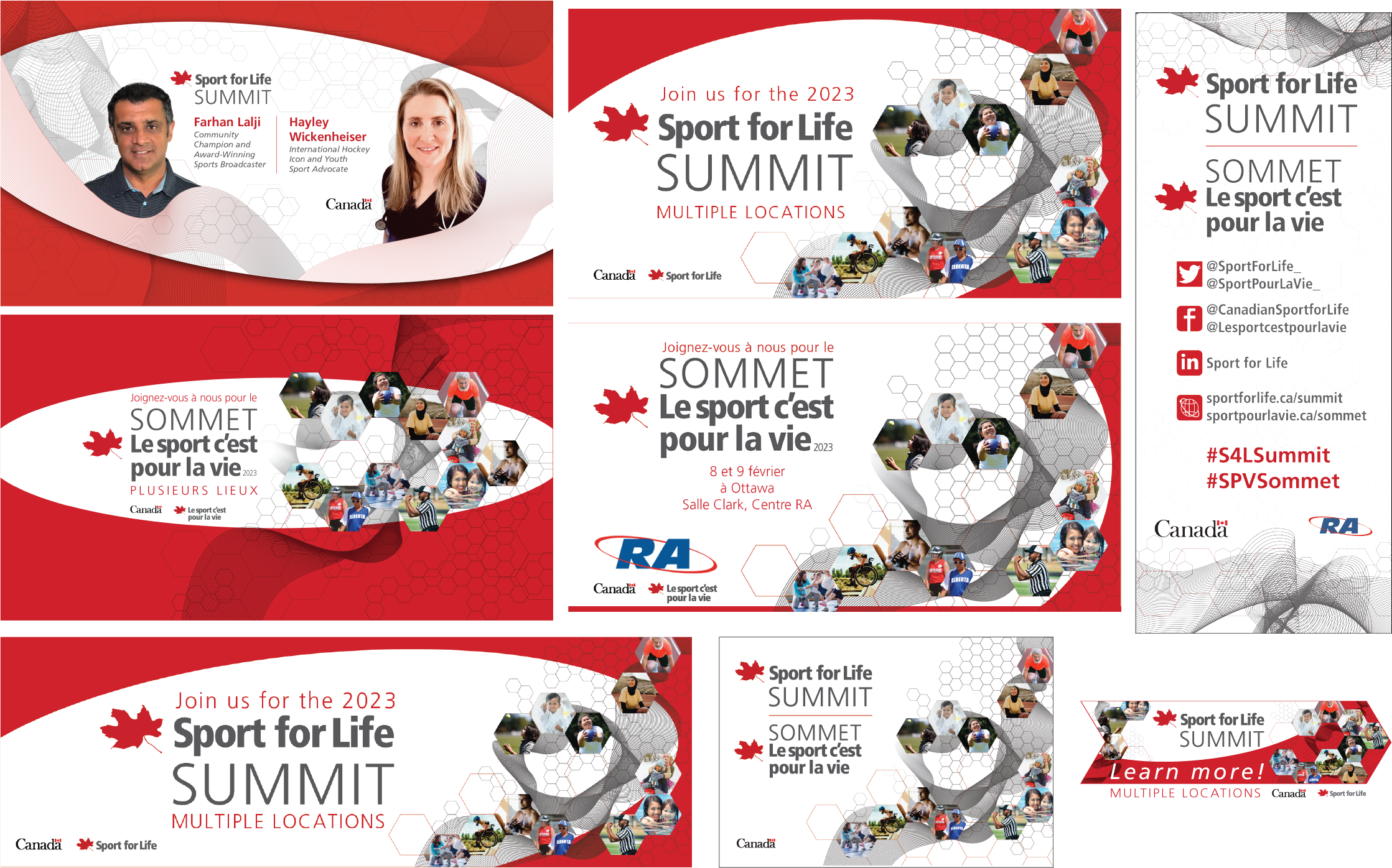 2023 Sport for Life Summit: logo design, branding, web and social media graphics, powerpoint presentation, email banner, signs and banners