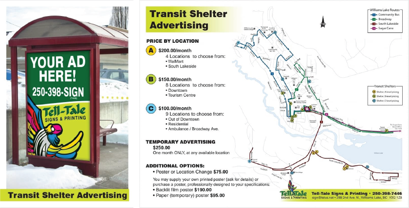 Tell-Tale Signs & Printing: bus shelter sign and advertising brochure design with custom map