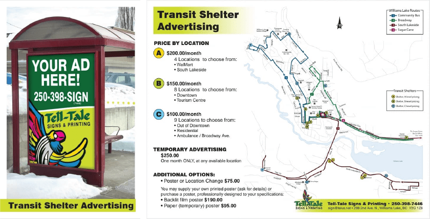 Tell-Tale Signs & Printing: bus shelter sign and advertising brochure design with custom map