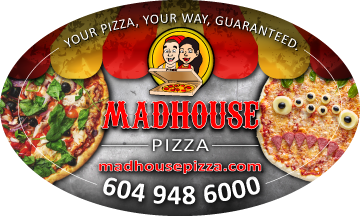 Madhouse Pizza: Branding, magnet, photo manipulation, vector graphics, etc.