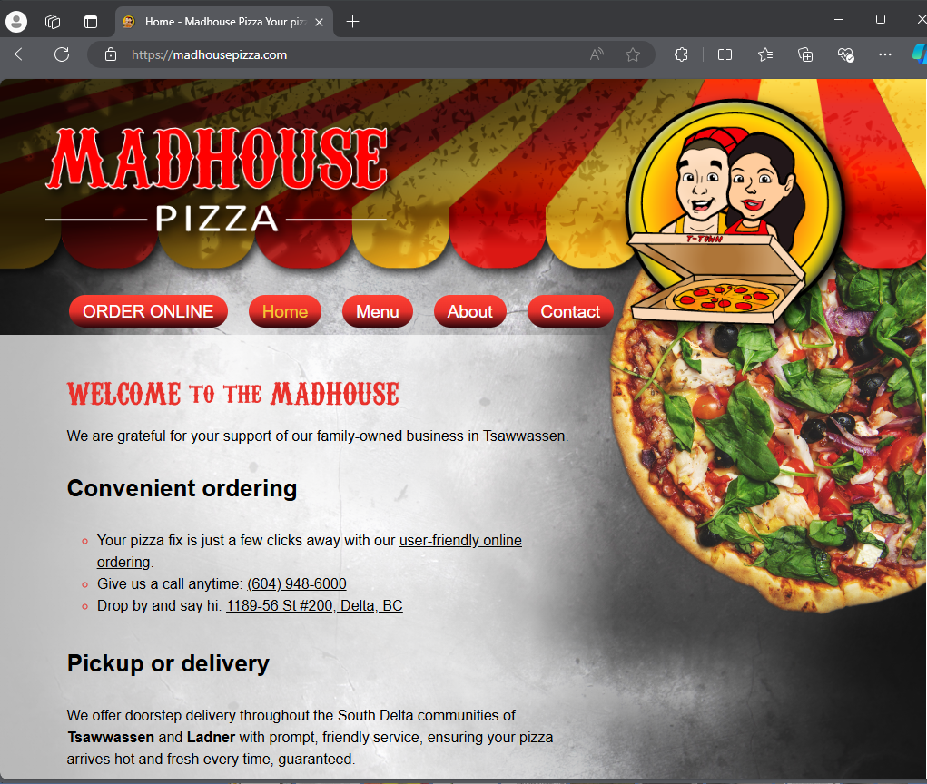 madhousepizza.com and madhousepizza.ca : multi-page website, contact form, URL and hosting setup & redirect. Branding, menu, graphics, copy writing