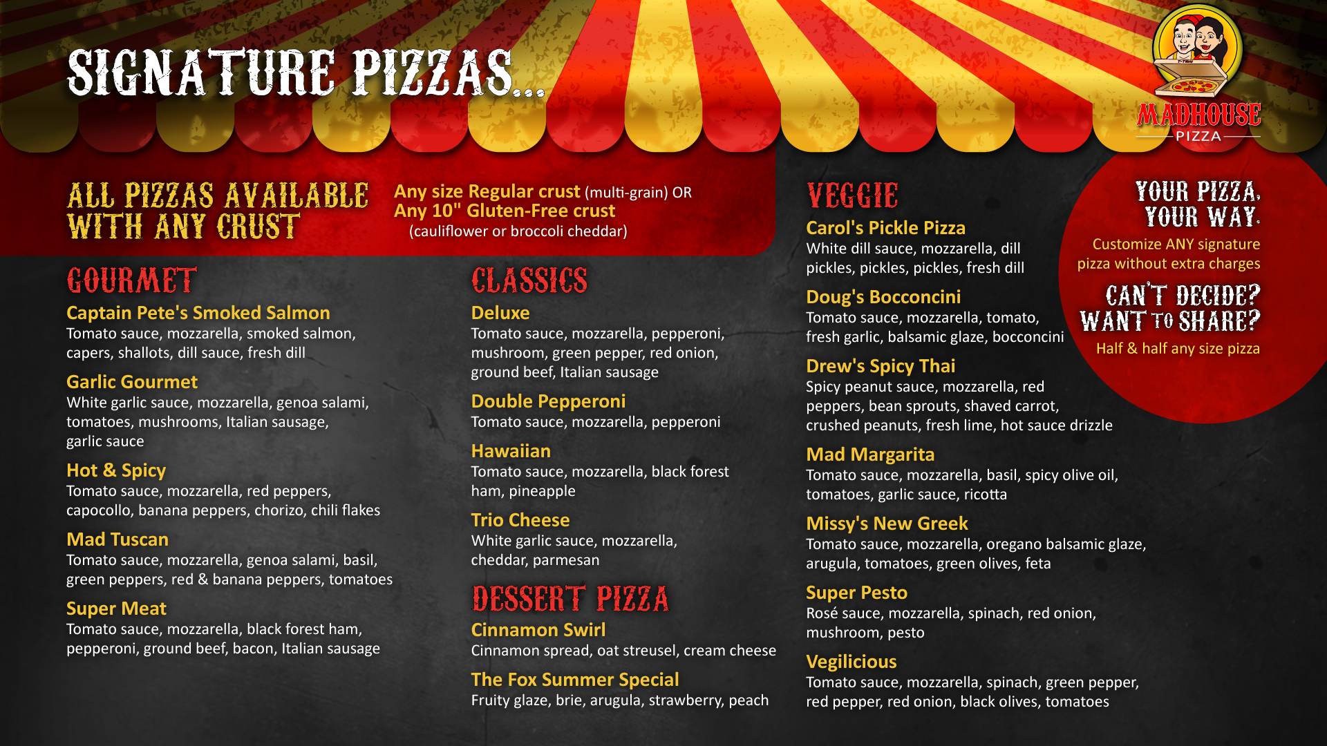 Madhouse Pizza: Branding, point-of-sale menu, web menu, takeaway menu, printer-friendly menu, vector graphics, copy writing, etc.