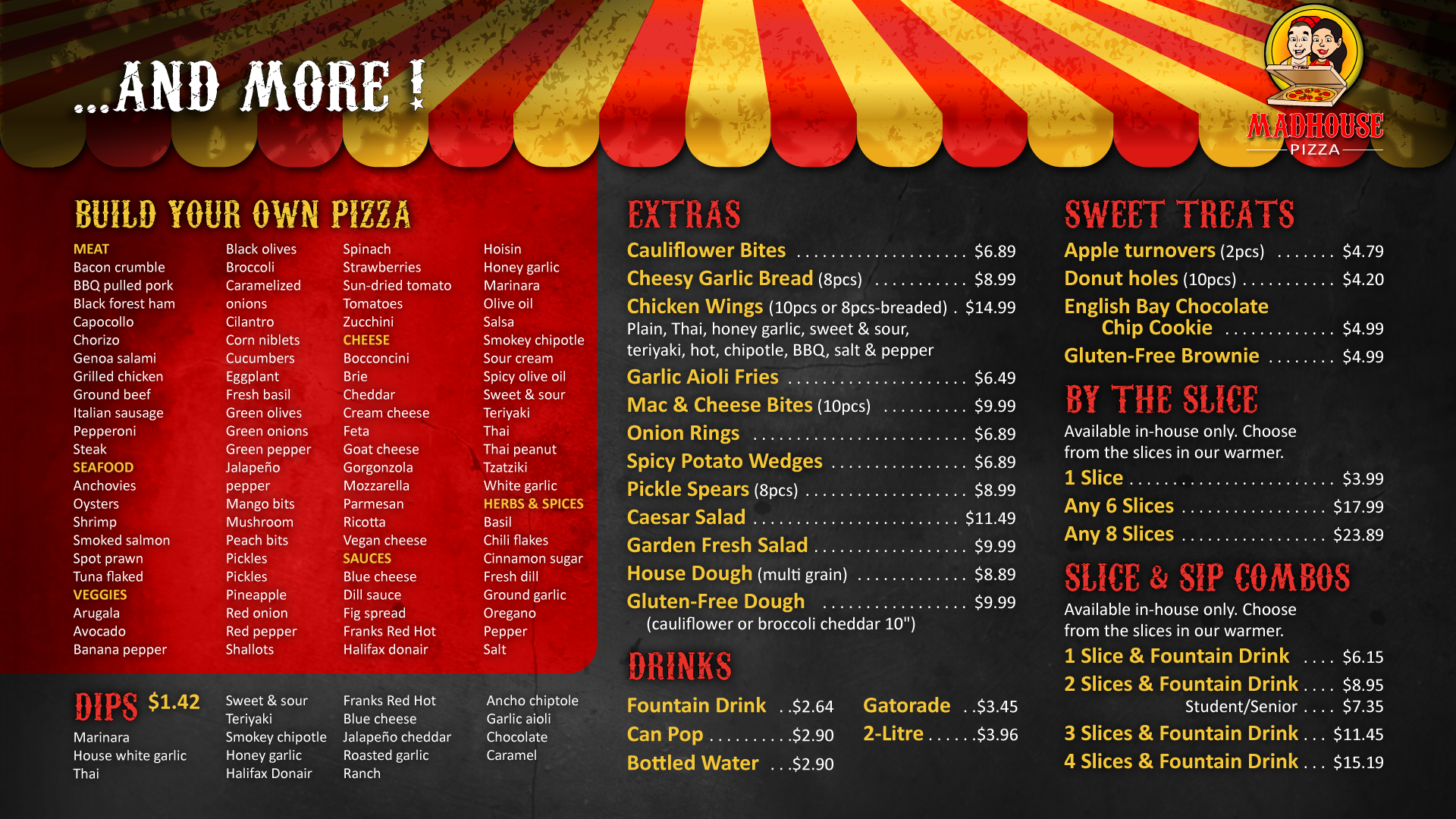 Madhouse Pizza: Branding, point-of-sale menu, web menu, takeaway menu, printer-friendly menu, vector graphics, copy writing, etc.