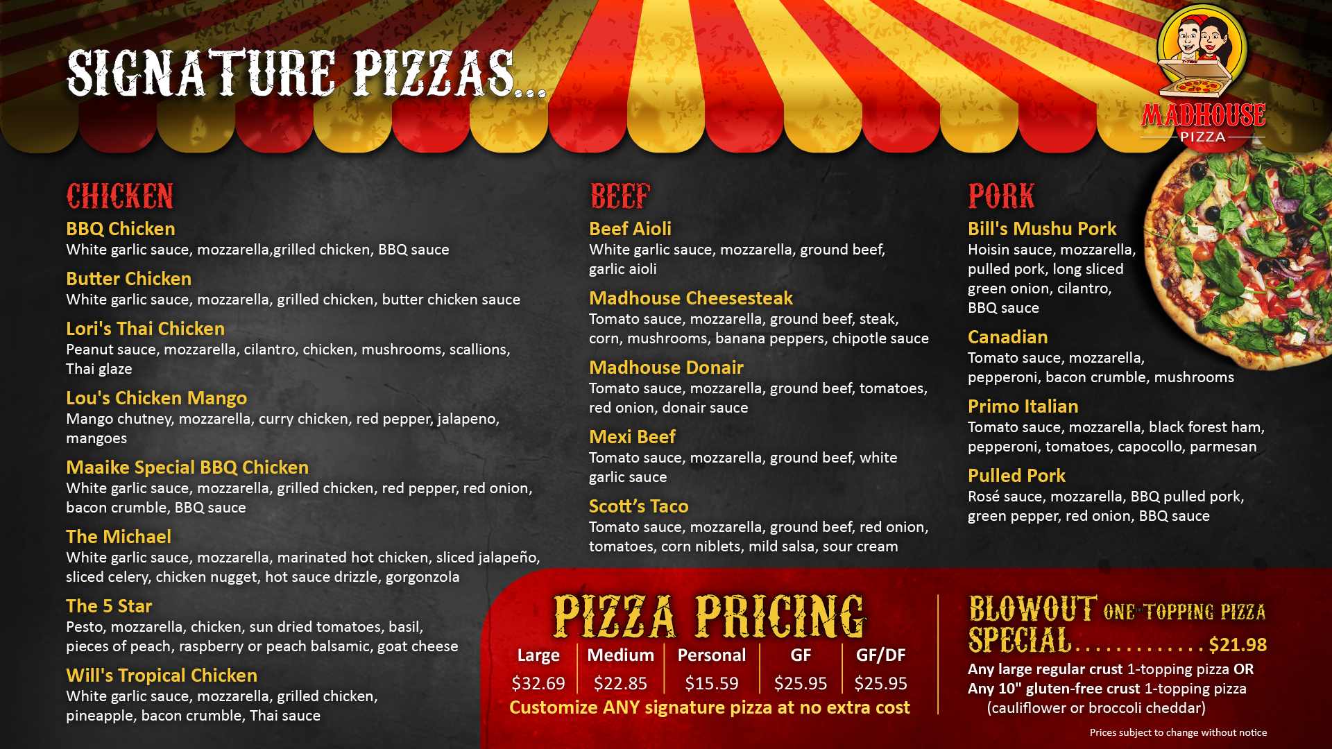 Madhouse Pizza: Branding, point-of-sale menu, web menu, takeaway menu, printer-friendly menu, vector graphics, copy writing, etc.